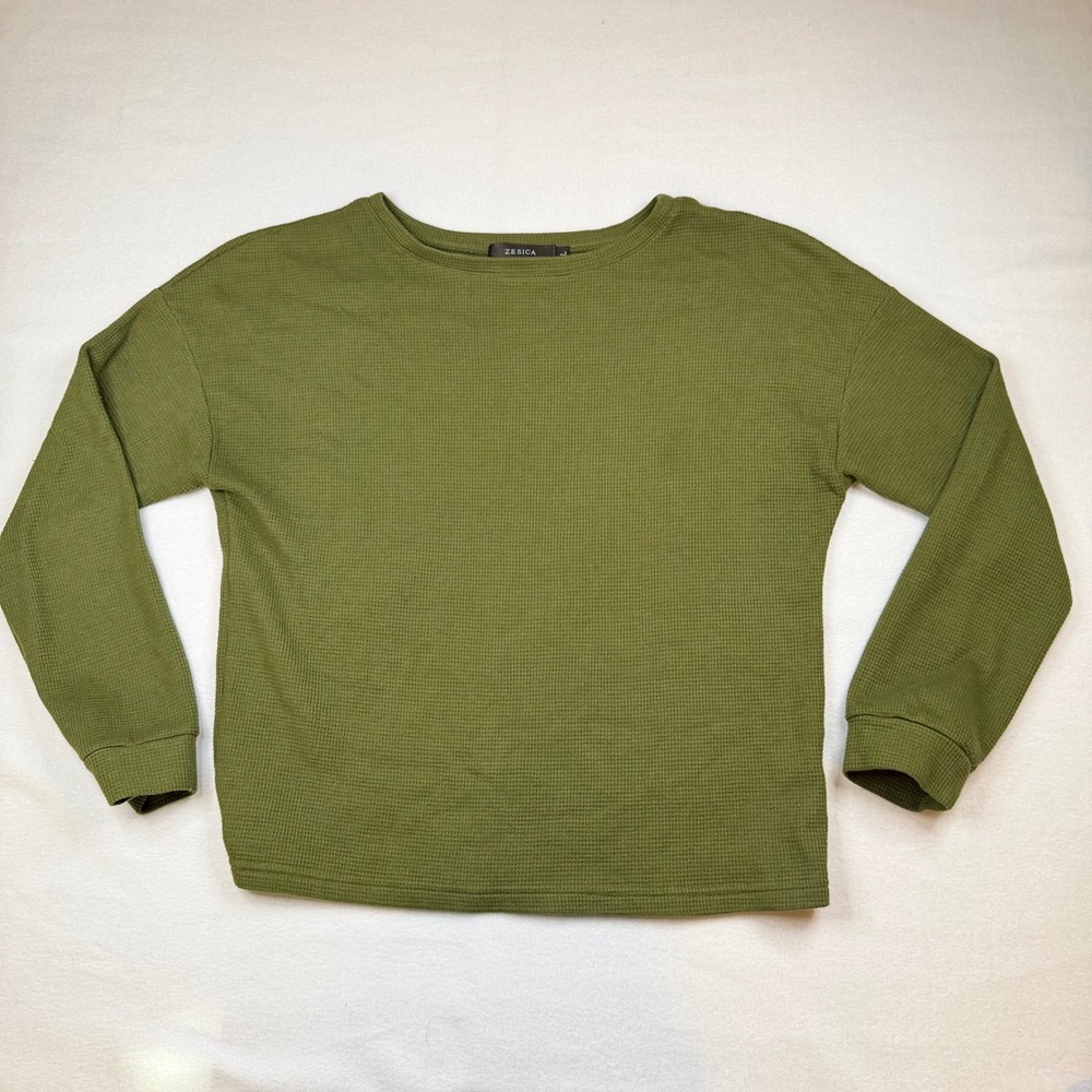 ZESICA Womens Olive Green Waffle Knit Long Sleeve Top Crew Neck Size L